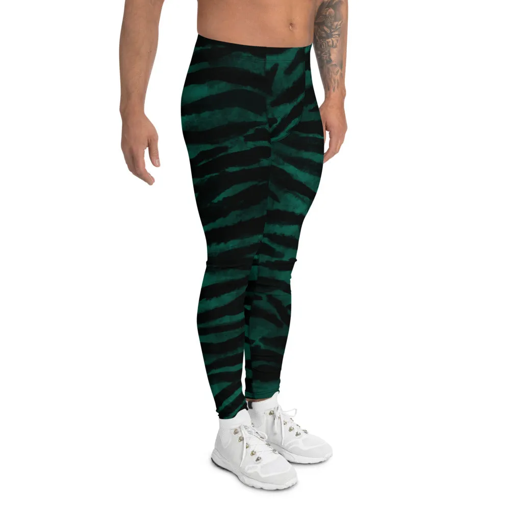 Green Tiger Stripes Men's Leggings, Tiger Striped Meggings Compression Run Tights-Made in USA