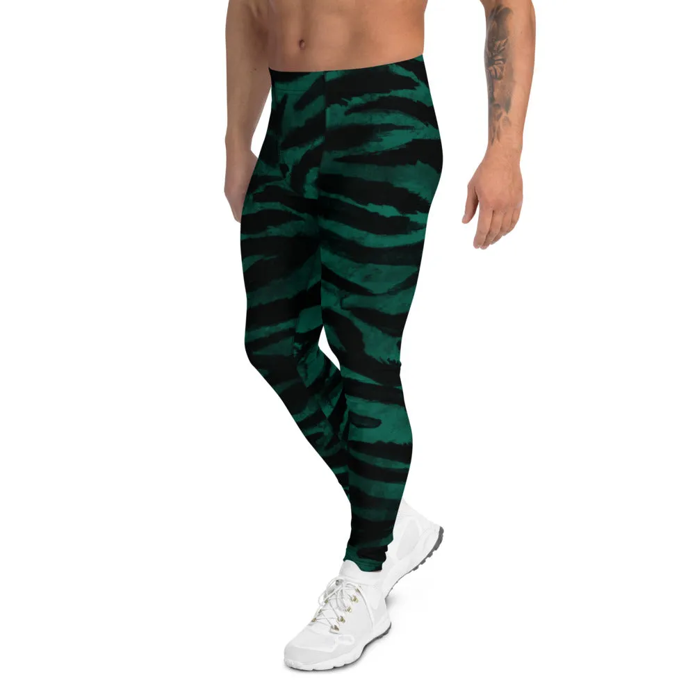 Green Tiger Stripes Men's Leggings, Tiger Striped Meggings Compression Run Tights-Made in USA