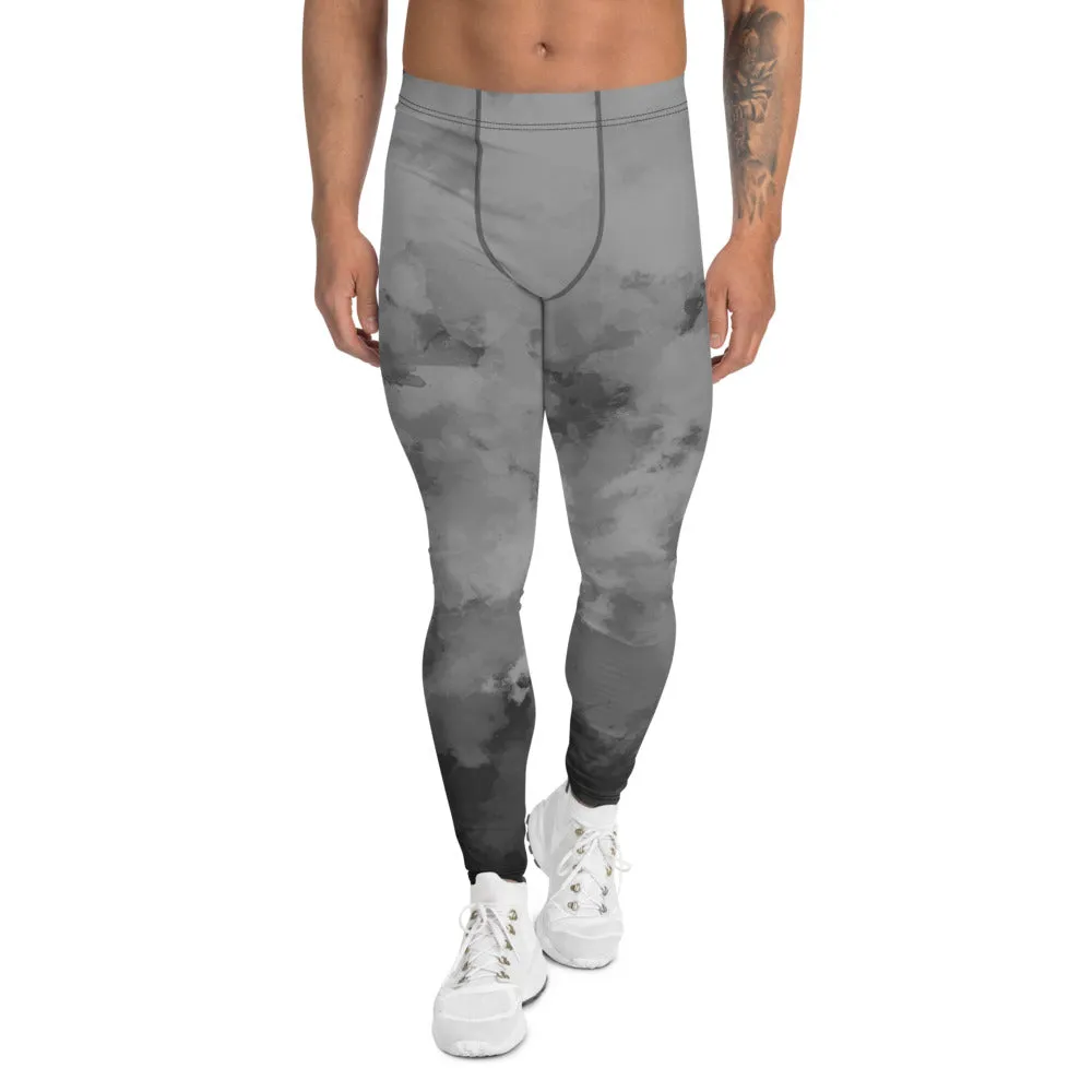 Grey Abstract Best Men's Leggings, Abstract Clouds Designer Meggings Compression Tights-Made in USA/EU