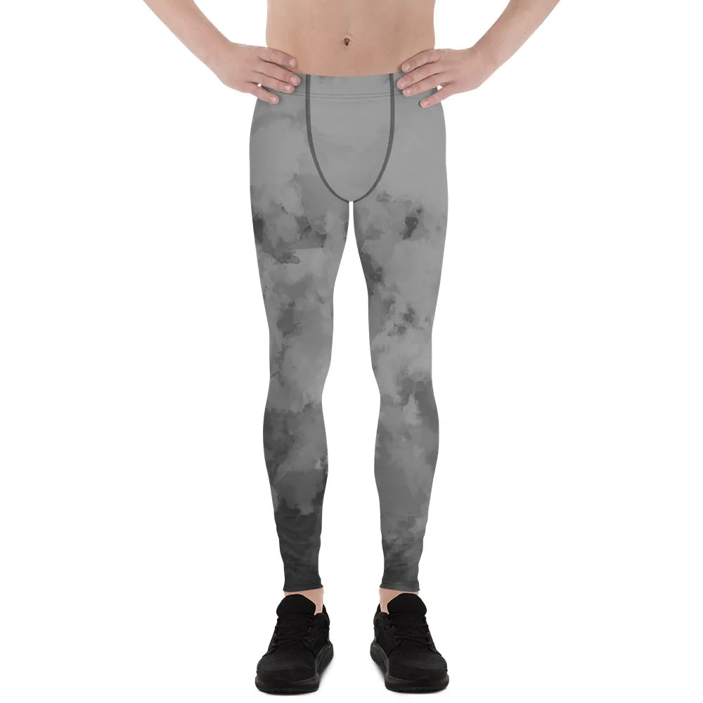 Grey Abstract Best Men's Leggings, Abstract Clouds Designer Meggings Compression Tights-Made in USA/EU