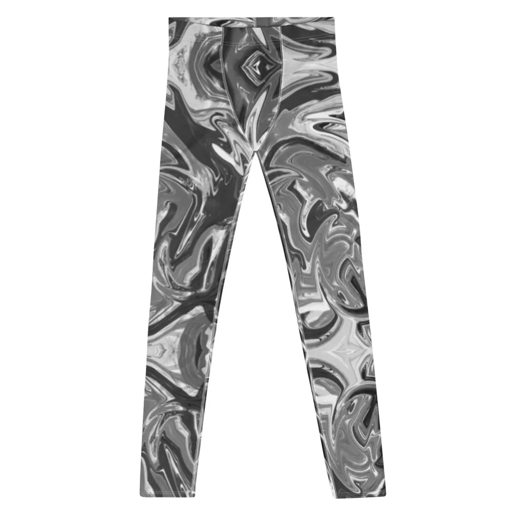 Grey Marble Printed Men's Leggings, Marbled Pattern Designer Meggings Compression Tights-Made in USA/EU