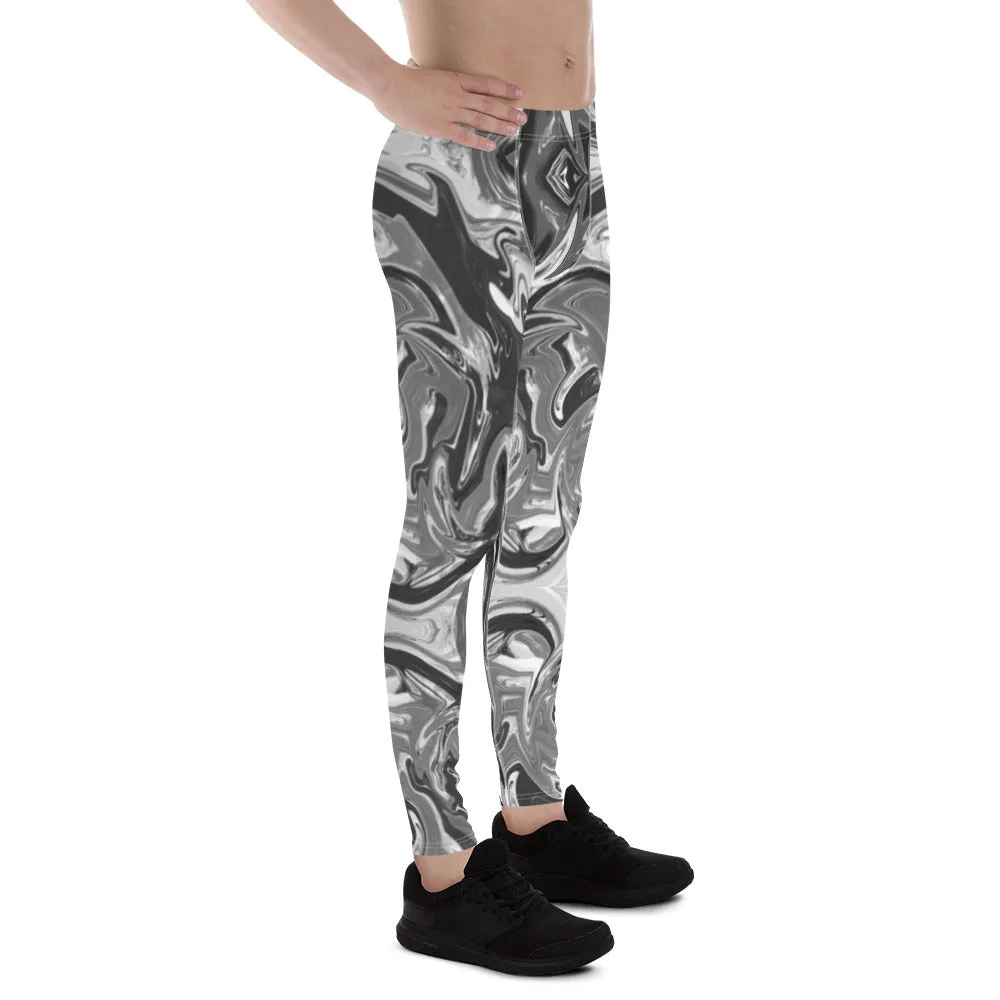 Grey Marble Printed Men's Leggings, Marbled Pattern Designer Meggings Compression Tights-Made in USA/EU