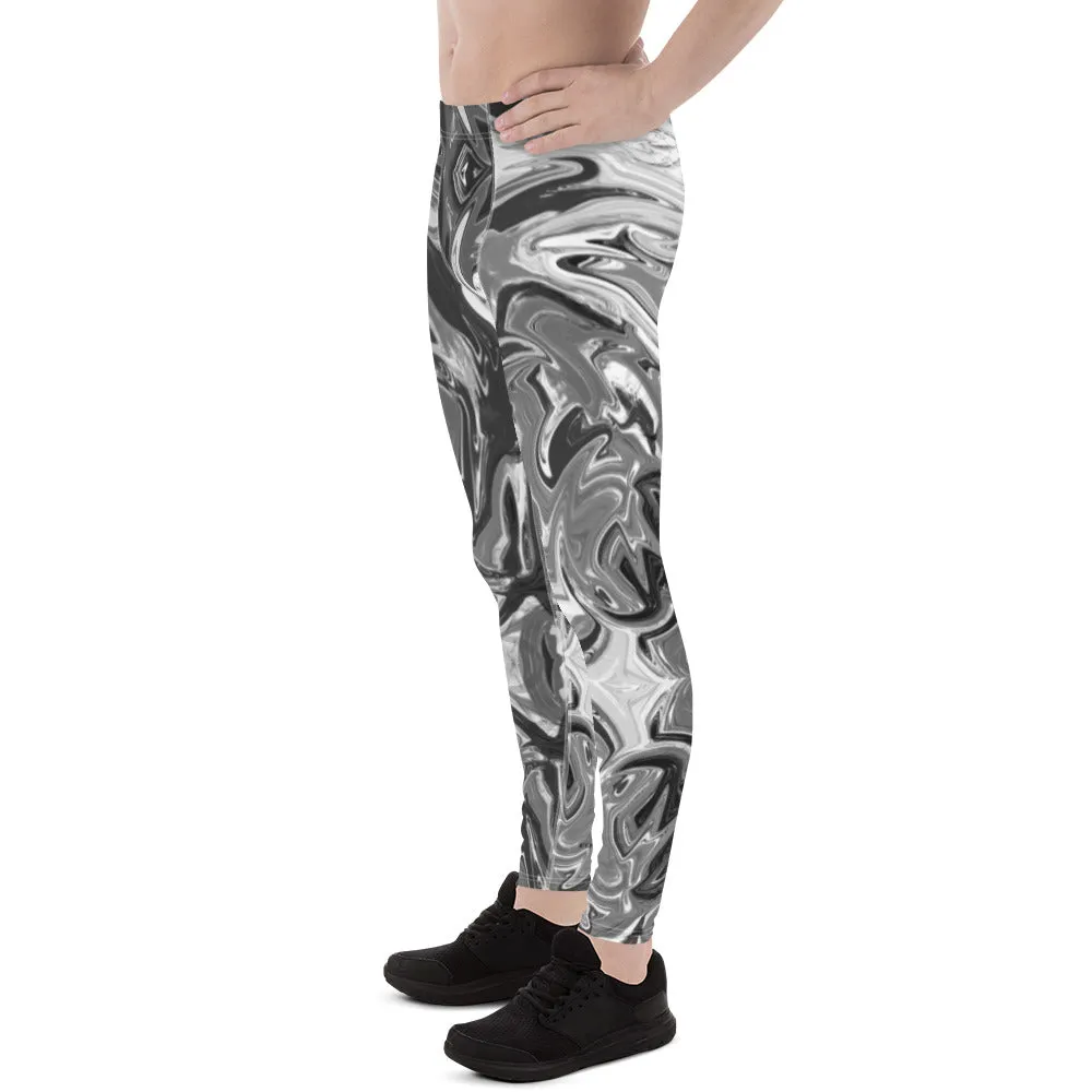 Grey Marble Printed Men's Leggings, Marbled Pattern Designer Meggings Compression Tights-Made in USA/EU