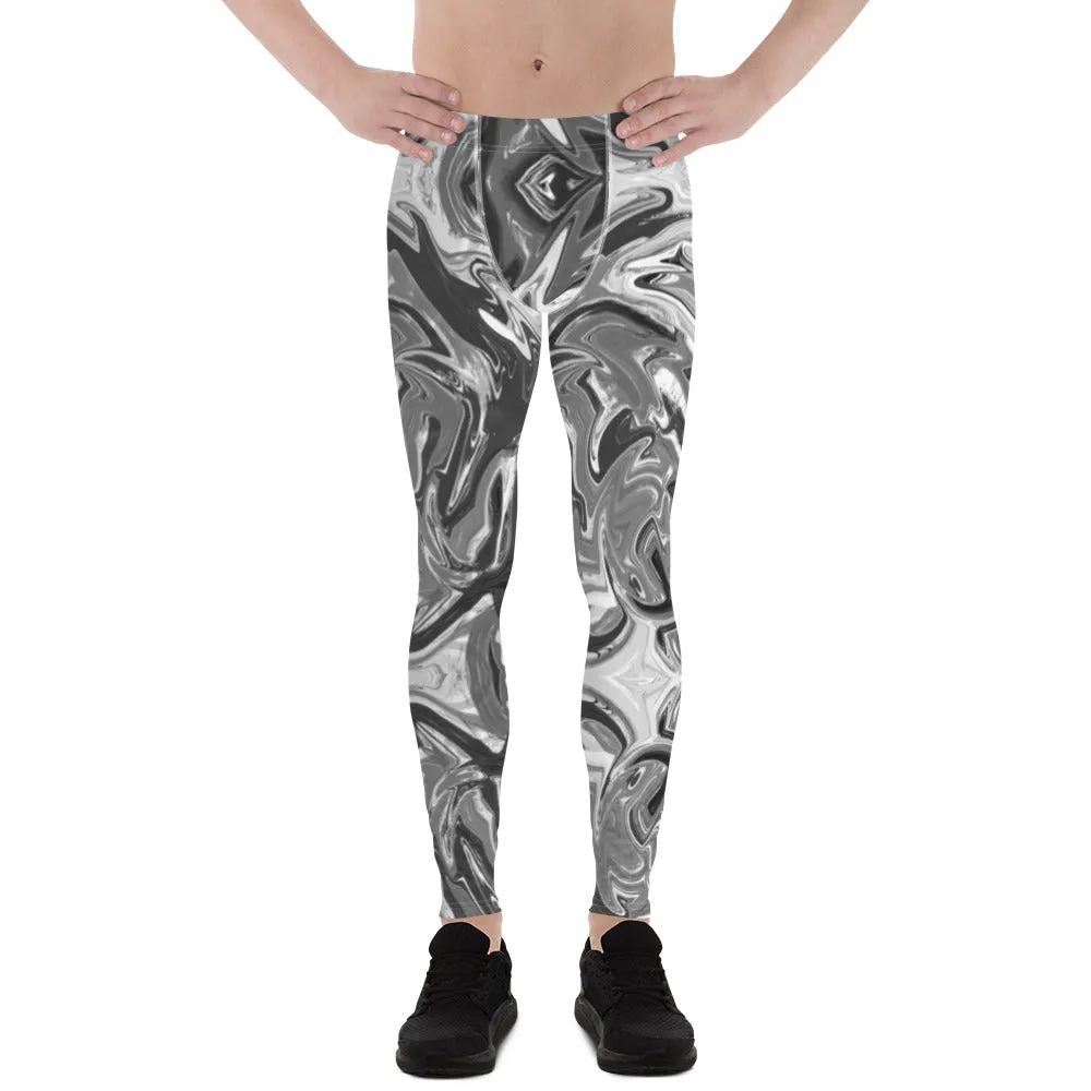 Grey Marble Printed Men's Leggings, Marbled Pattern Designer Meggings Compression Tights-Made in USA/EU