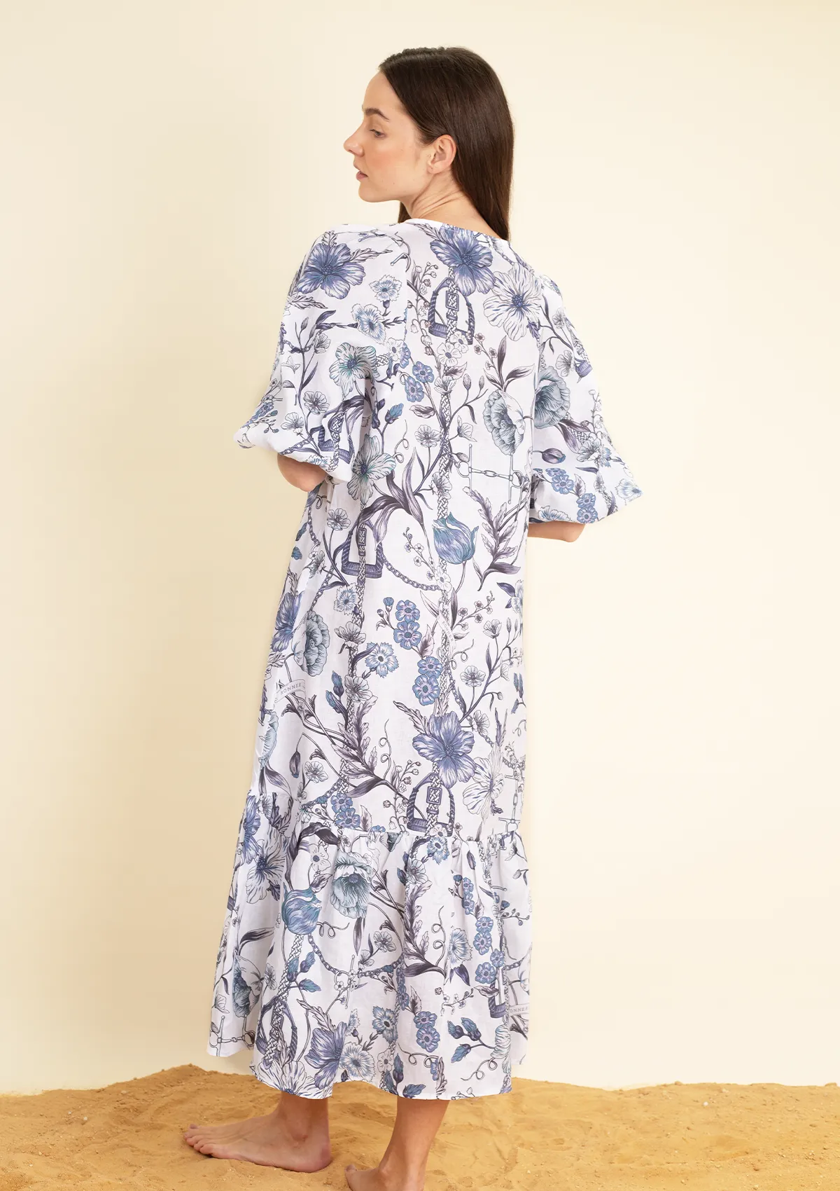 Harper Linen Dress | Blue and White Botany Print