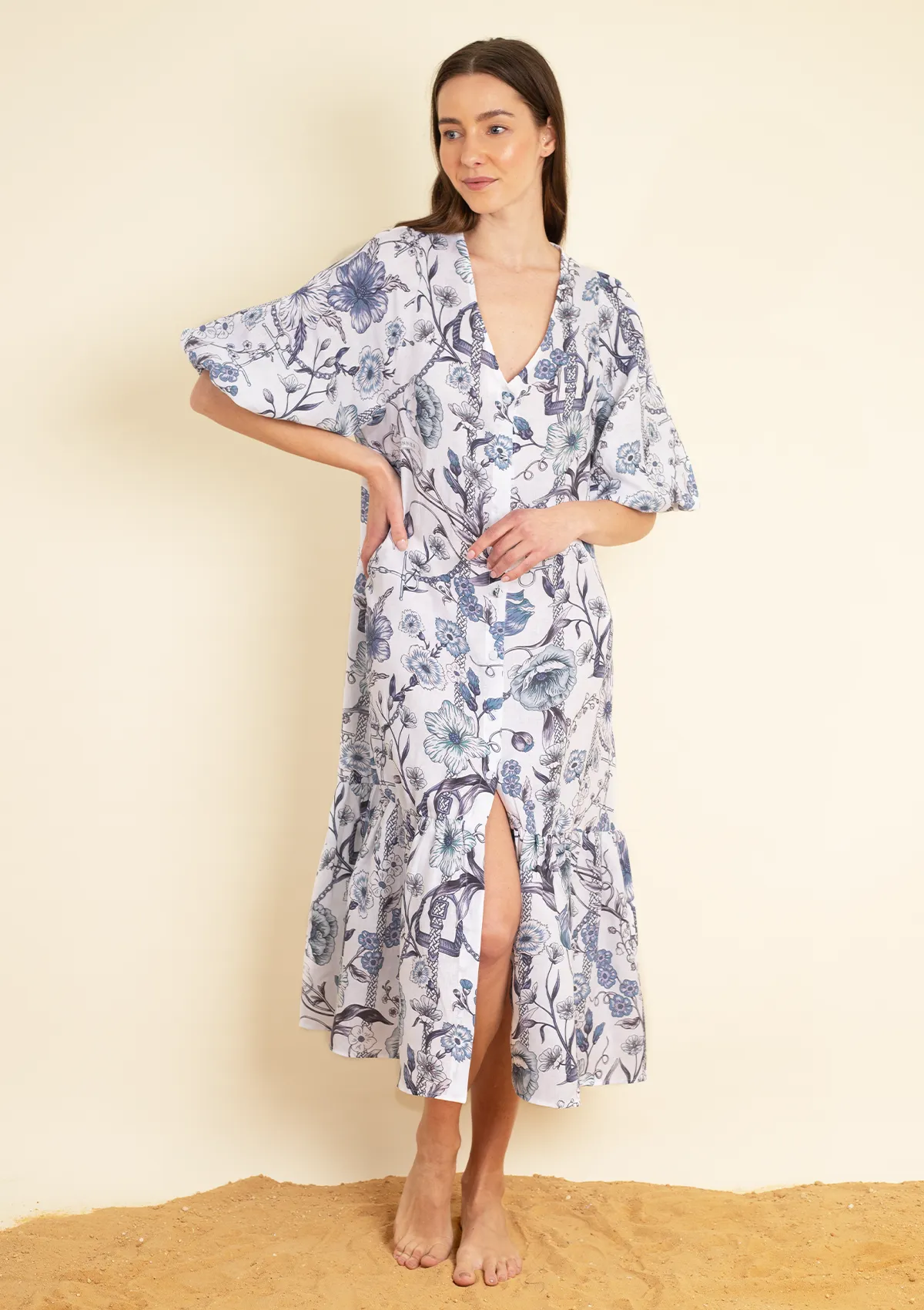 Harper Linen Dress | Blue and White Botany Print