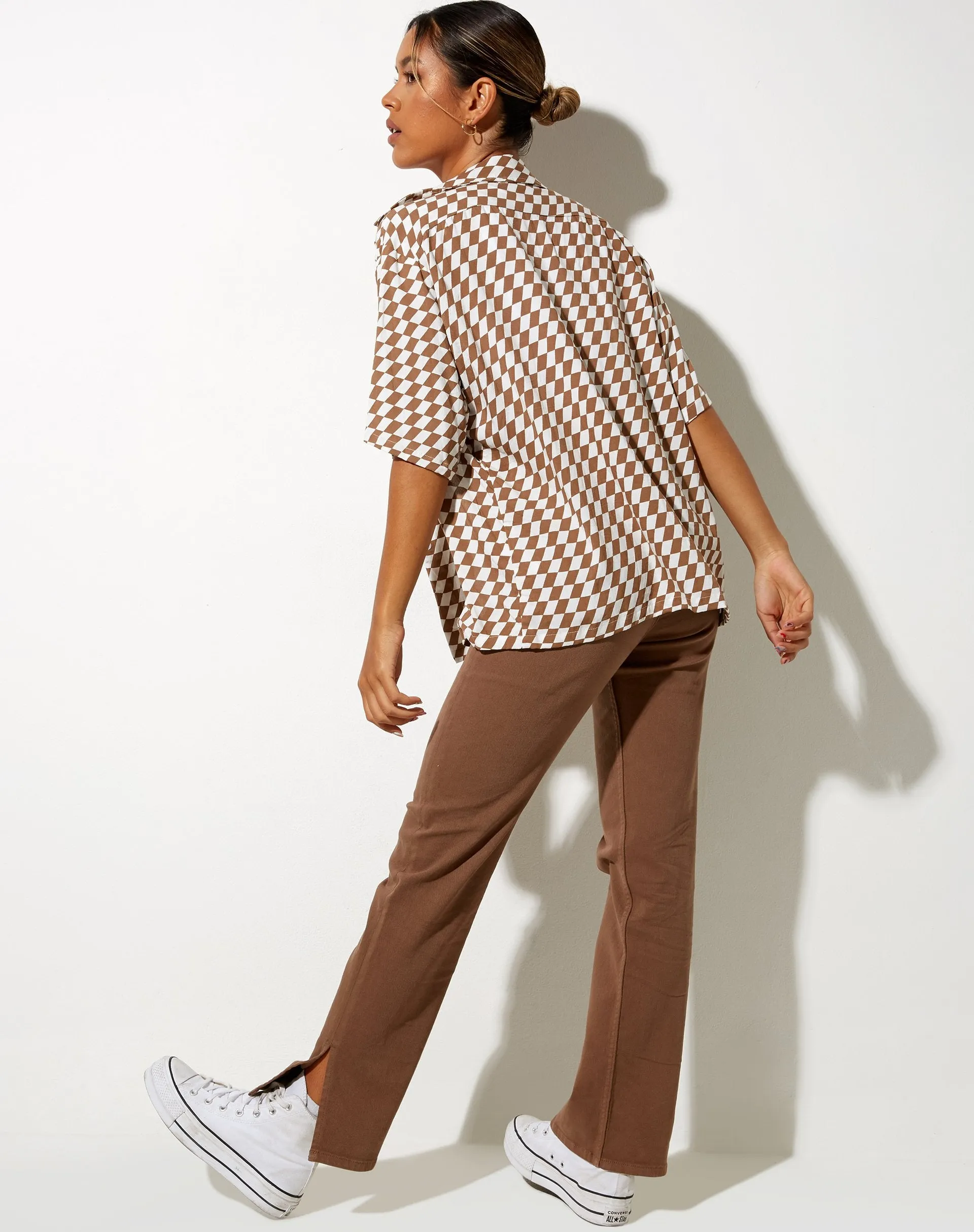 Hawaiian Shirt in Diagonal Checker Tan and Ivory