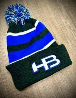 HB Sports Striped Color Winter Pom-Pom Beanie Hat: Black , Royal, and White