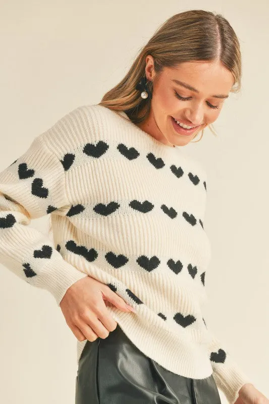 Heart Ribbed Knit Sweater Black