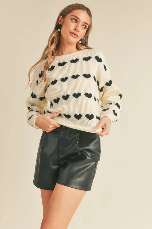 Heart Ribbed Knit Sweater Black