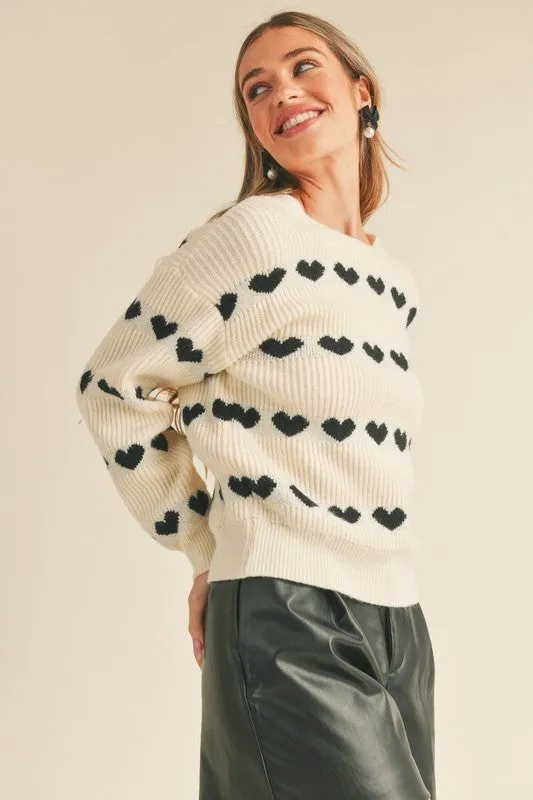 Heart Ribbed Knit Sweater Black