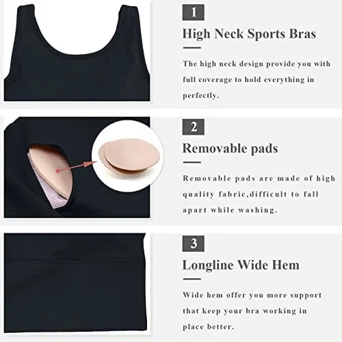 High Neck Longline Sports Bras for Women High Impact Full Coverage Sports Bra Padded Yoga Gym Tops Workout Crop Tank