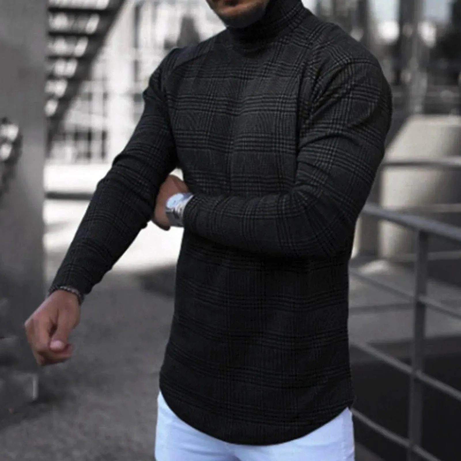 Hip Hop Streetwear: Men's Plaid Turtleneck Slim Long Sleeve Pullover Sweater