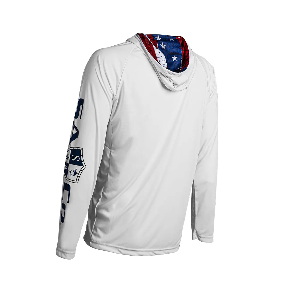 Hooded Performance Long Sleeve Shirt | White | Inner Hood American Flag