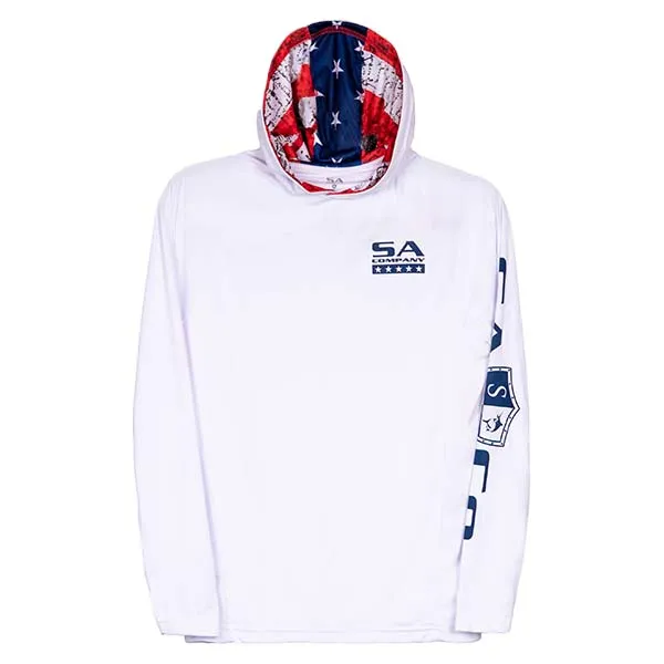 Hooded Performance Long Sleeve Shirt | White | Inner Hood American Flag