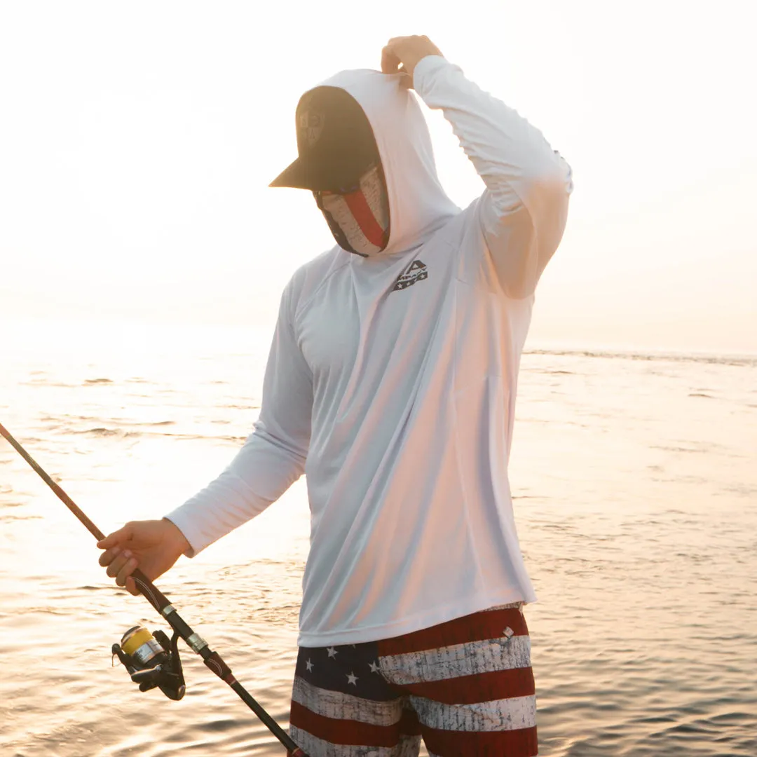 Hooded Performance Long Sleeve Shirt | White | Inner Hood American Flag