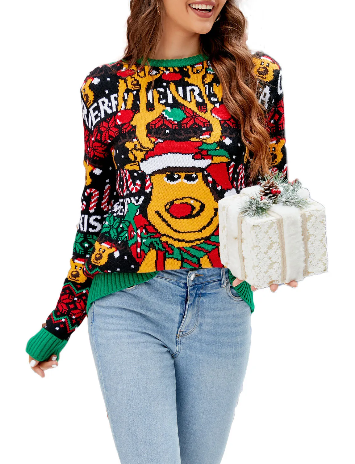 iB-iP Women's Casual Christmas Top Cozy Long Sleeve Pullover Sweater