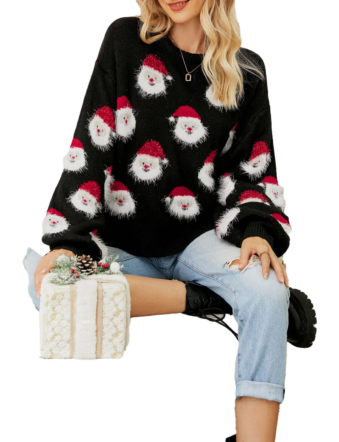 iB-iP Women's Casual Christmas Top Santa Claus Long Sleeve Pullover Sweater