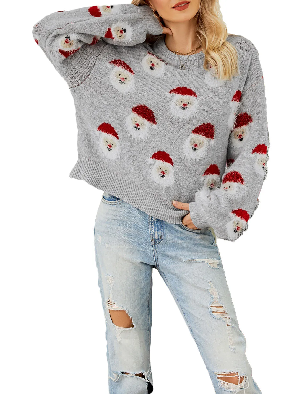 iB-iP Women's Casual Christmas Top Santa Claus Long Sleeve Pullover Sweater