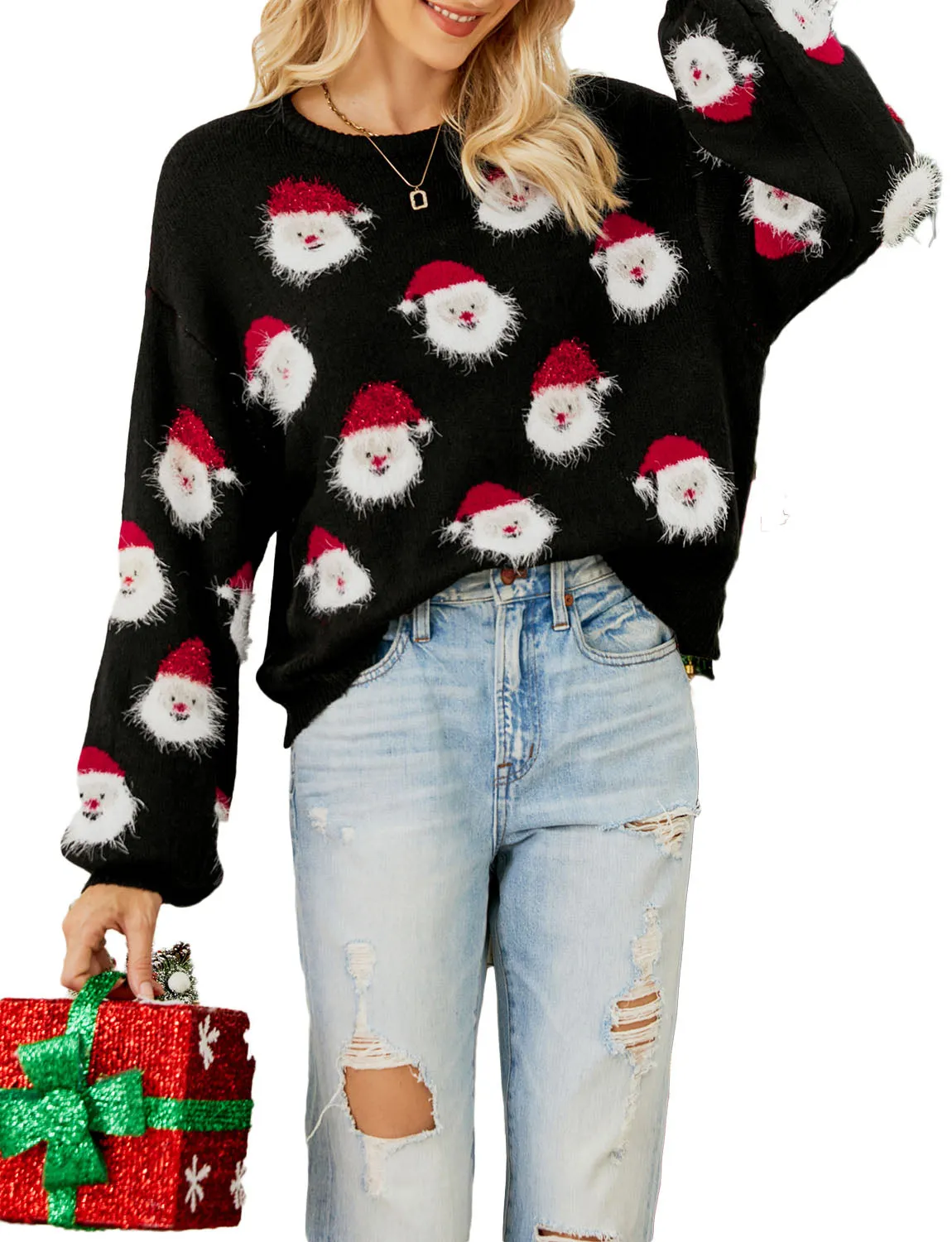 iB-iP Women's Casual Christmas Top Santa Claus Long Sleeve Pullover Sweater