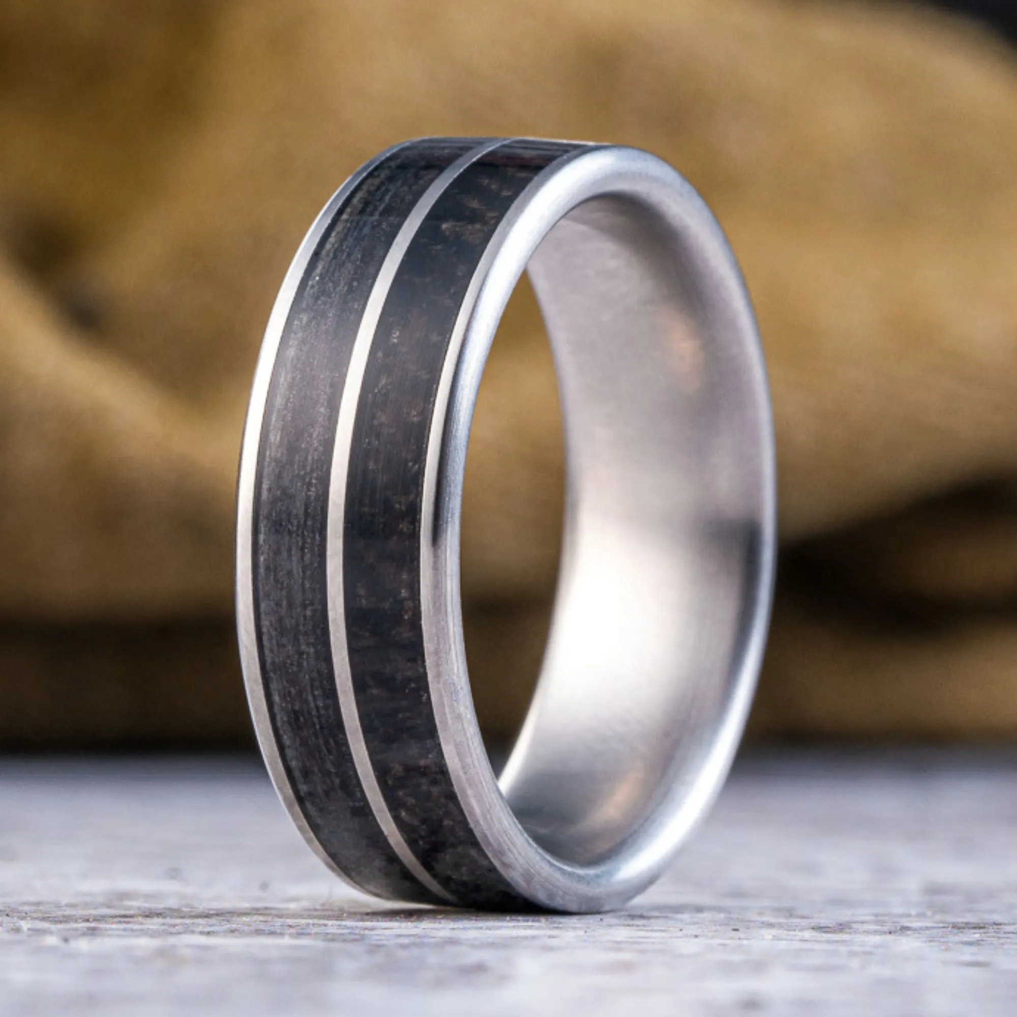 (In-Stock) Custom Men's Titanium Wedding Band with WWI Military Uniform Fabric & Whiskey Barrel Wood Inlays - Size 10.75 | 8mm Wide