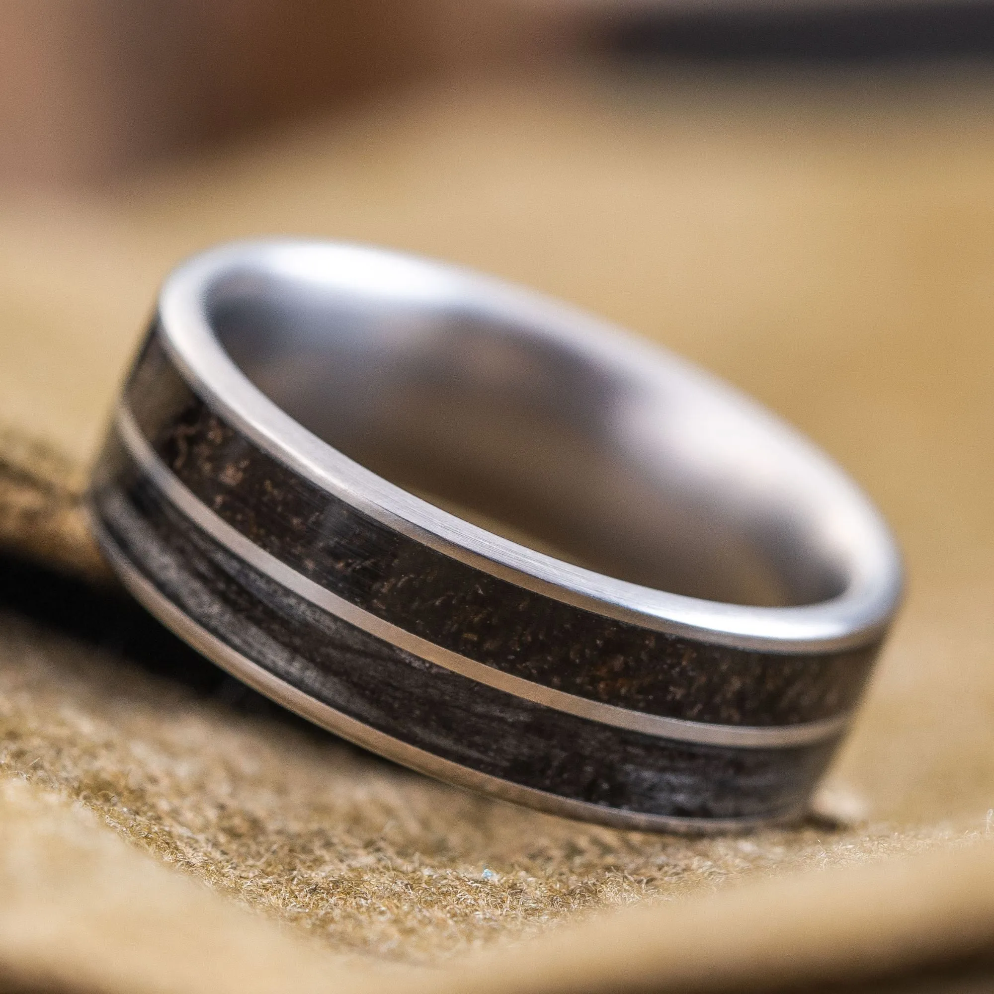 (In-Stock) Custom Men's Titanium Wedding Band with WWI Military Uniform Fabric & Whiskey Barrel Wood Inlays - Size 10.75 | 8mm Wide