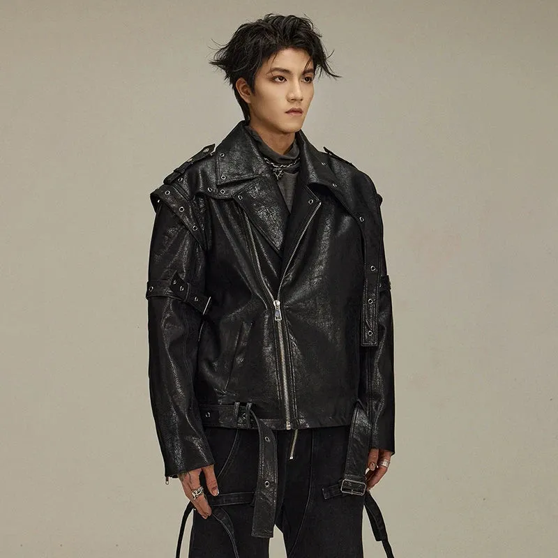 Irregular Cut Notched Collar Leather Jacket