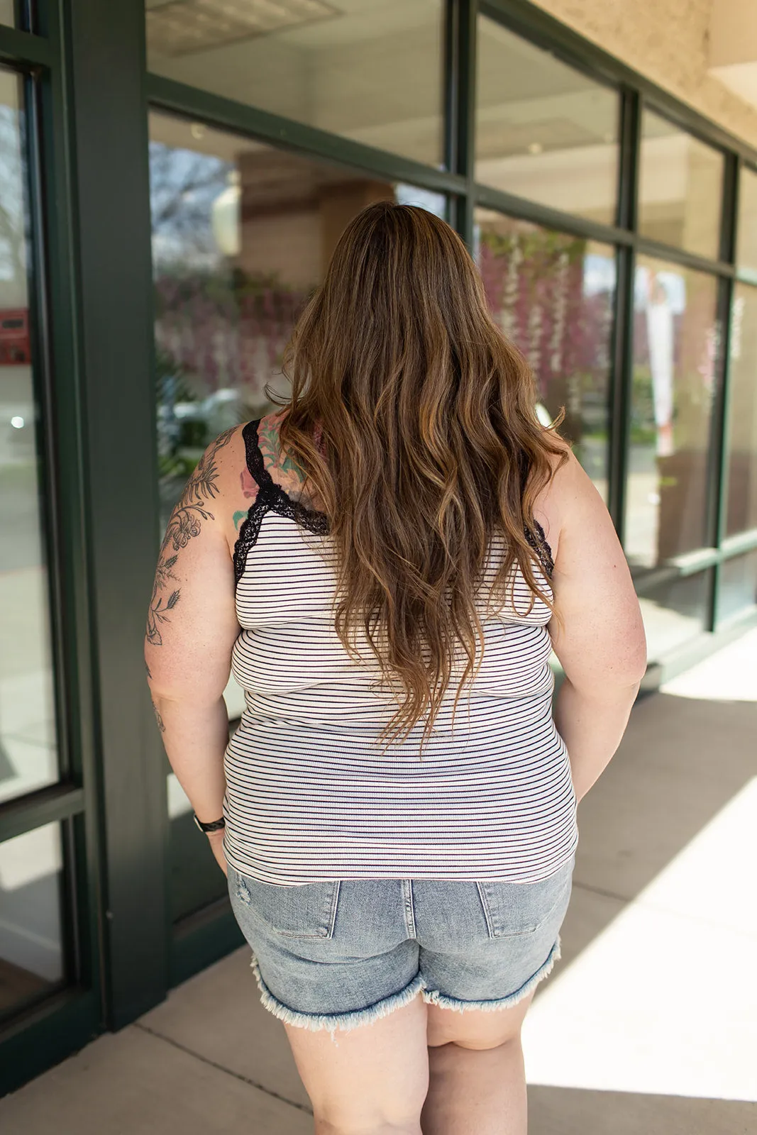 Ivory & Black Lace Trim Striped Tank (SM-3X)