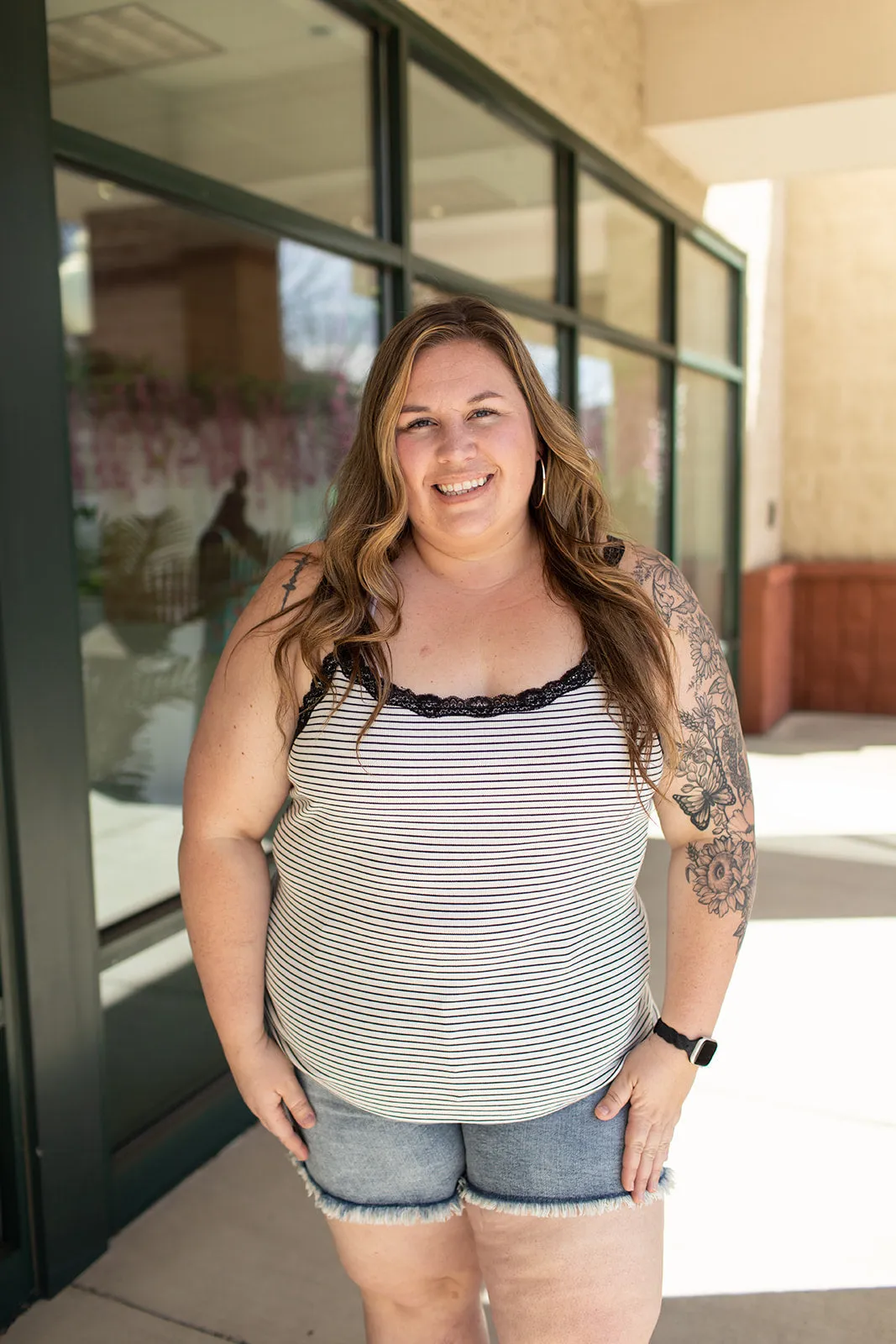 Ivory & Black Lace Trim Striped Tank (SM-3X)