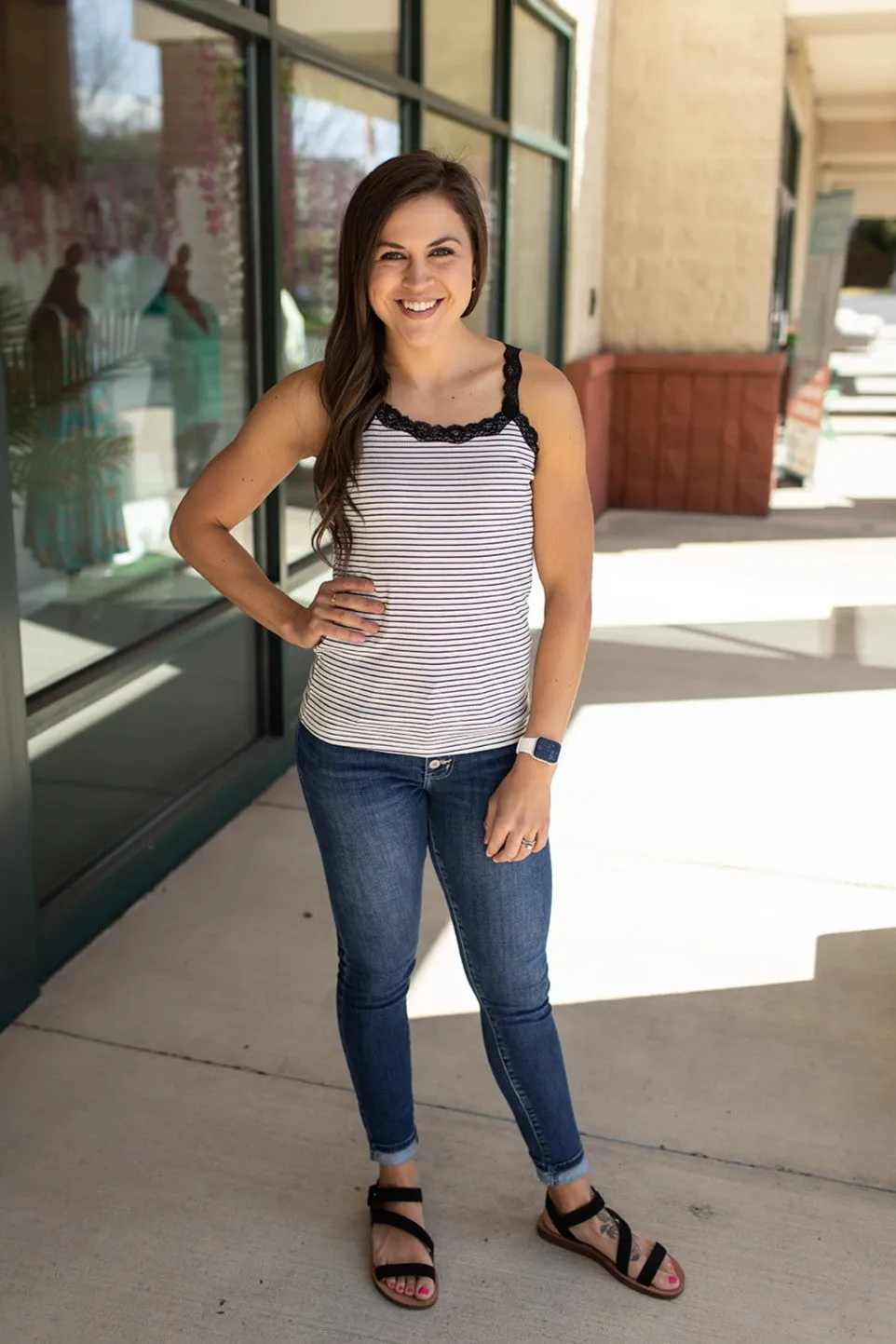 Ivory & Black Lace Trim Striped Tank (SM-3X)