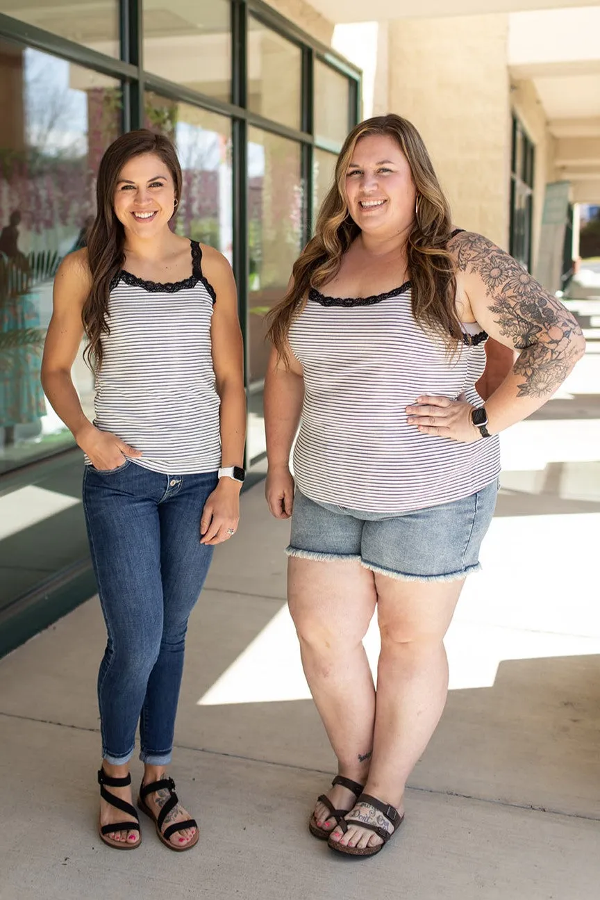 Ivory & Black Lace Trim Striped Tank (SM-3X)