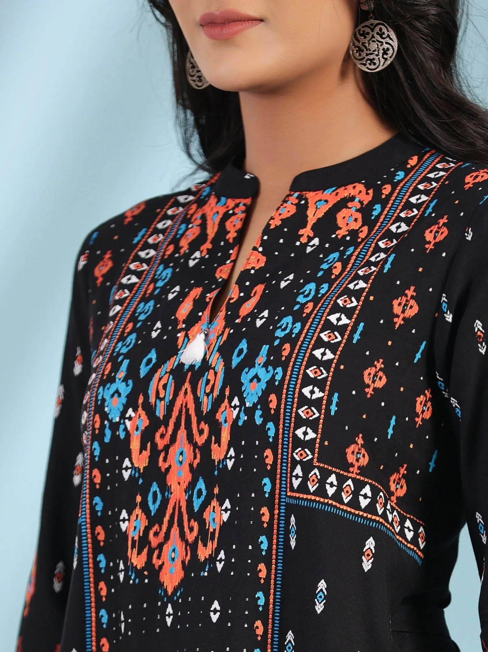 Jashvi Black Rayon Ikat Placement Printed High-Low Tunic With Side Slits & Tassels