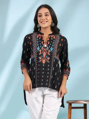 Jashvi Black Rayon Ikat Placement Printed High-Low Tunic With Side Slits & Tassels