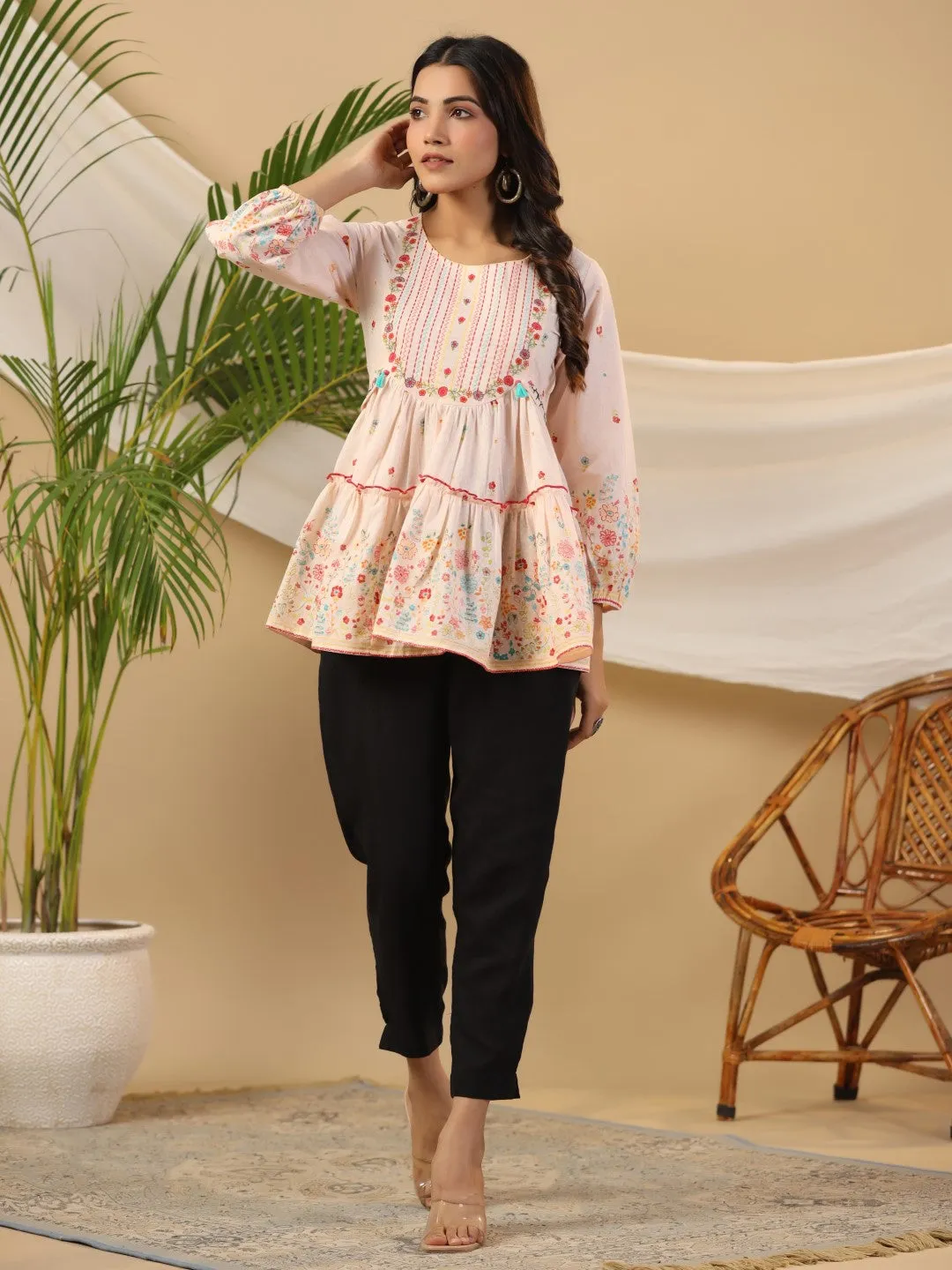 Jashvi The Wonderland Women Peach Floral Printed Cotton Peplum Tunic With Thread Embroidery