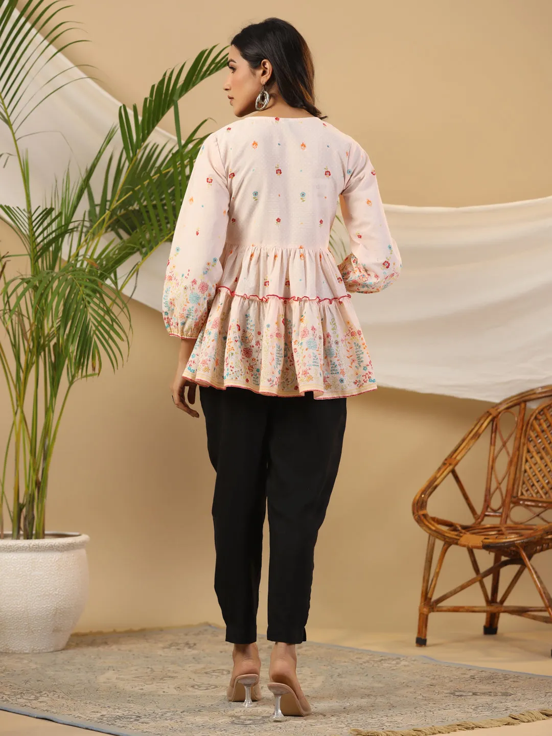 Jashvi The Wonderland Women Peach Floral Printed Cotton Peplum Tunic With Thread Embroidery