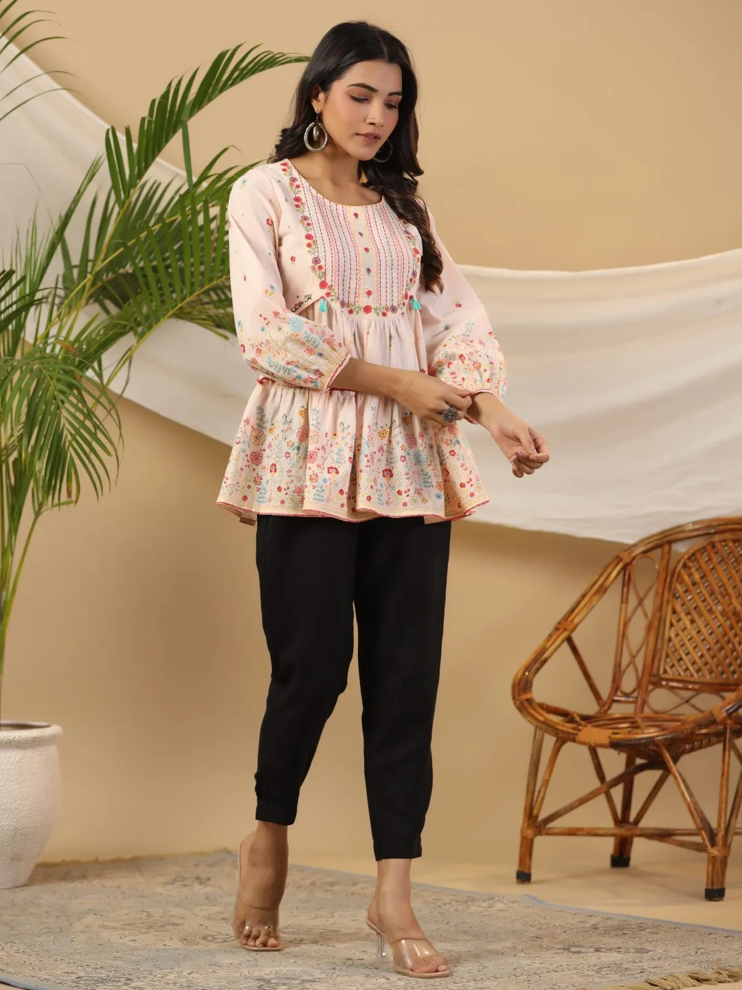 Jashvi The Wonderland Women Peach Floral Printed Cotton Peplum Tunic With Thread Embroidery