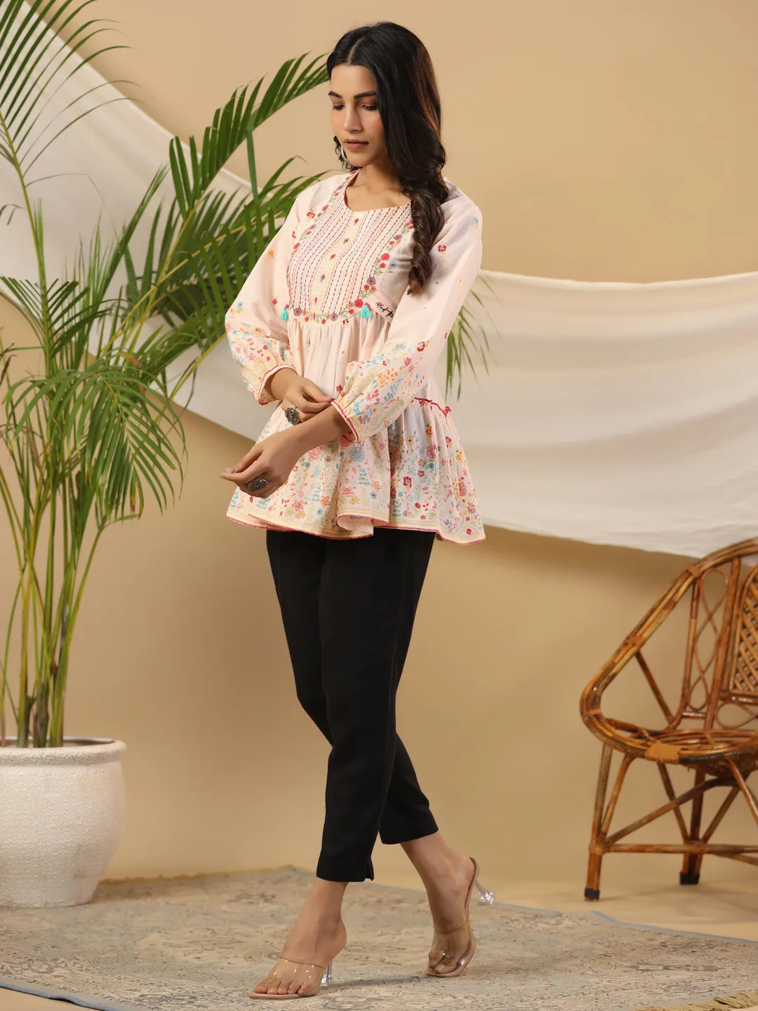 Jashvi The Wonderland Women Peach Floral Printed Cotton Peplum Tunic With Thread Embroidery