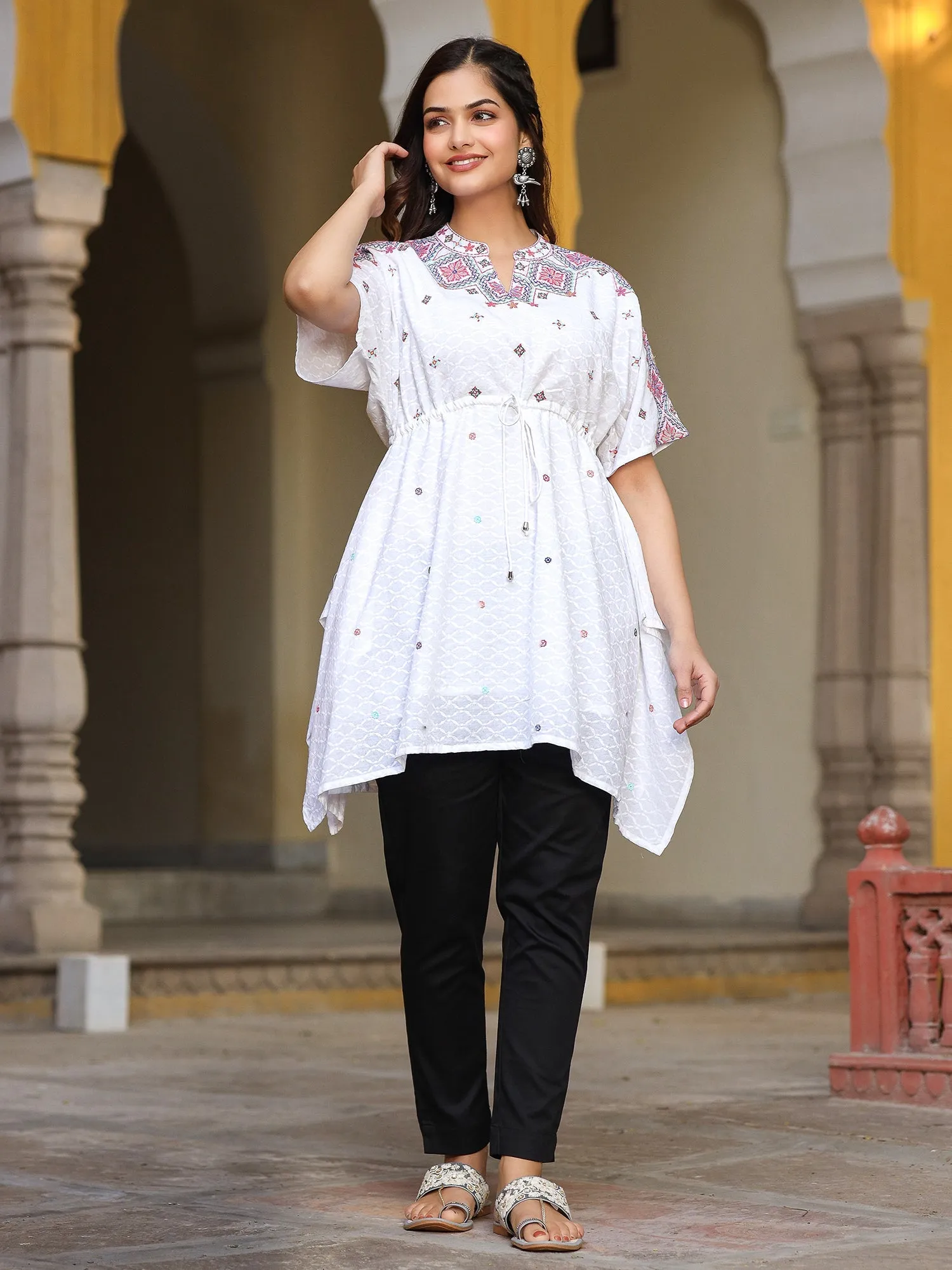 Jashvi White Cotton Dobby Asymmetric Peplum Tunic With Multi Colored Thread Embroidery