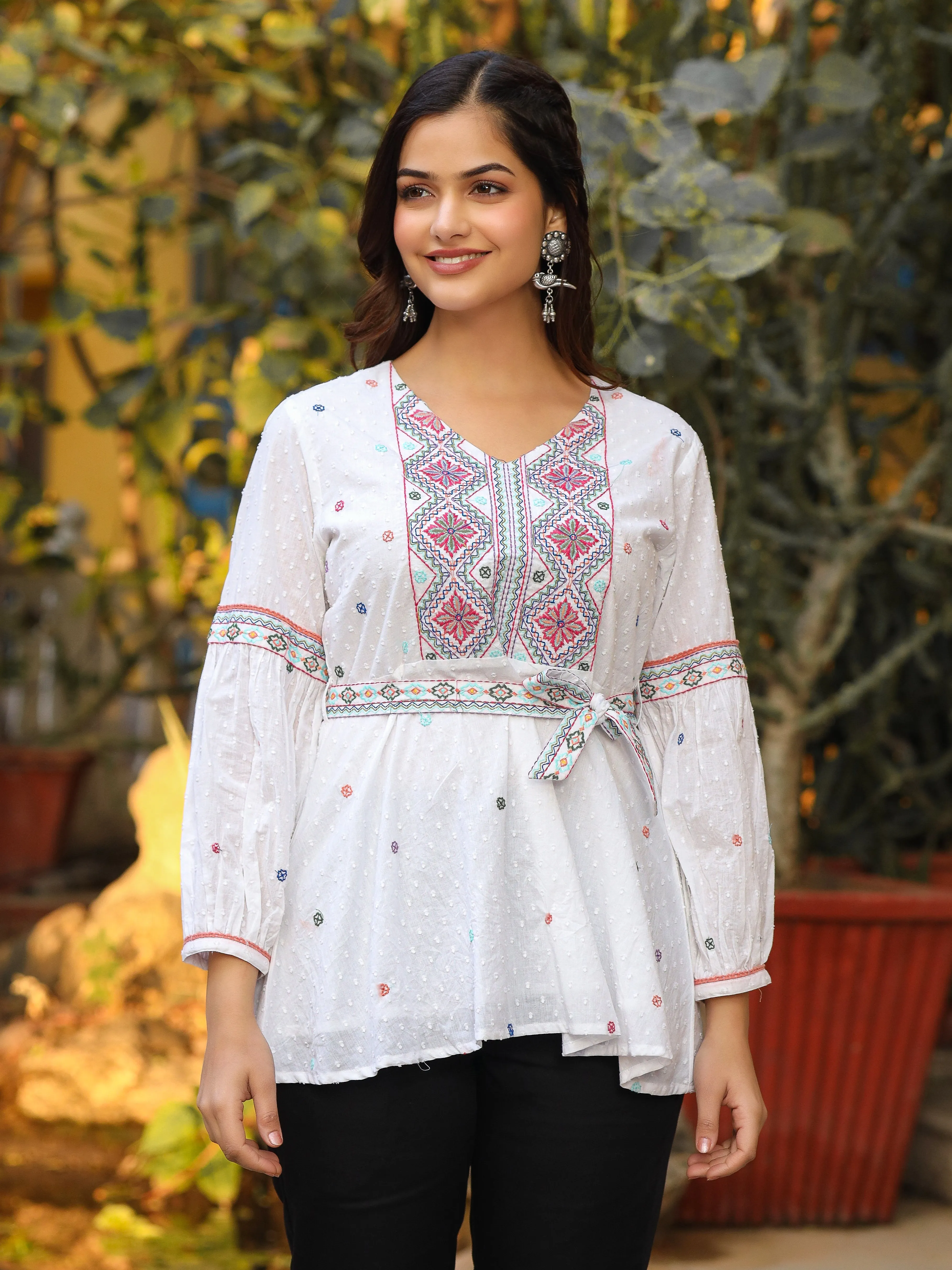 Jashvi White Cotton Dobby Peplum Tunic With Multi Colored Thread Embroidery