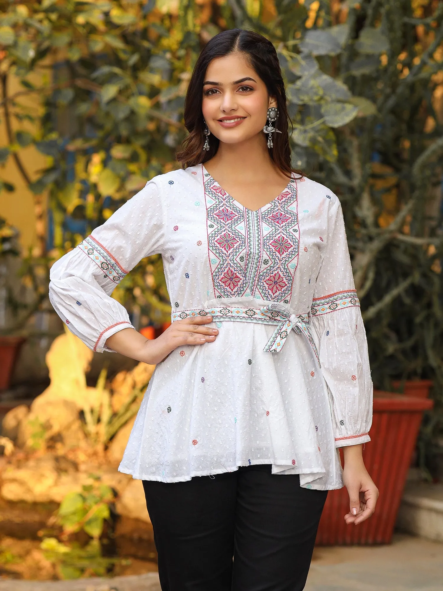 Jashvi White Cotton Dobby Peplum Tunic With Multi Colored Thread Embroidery