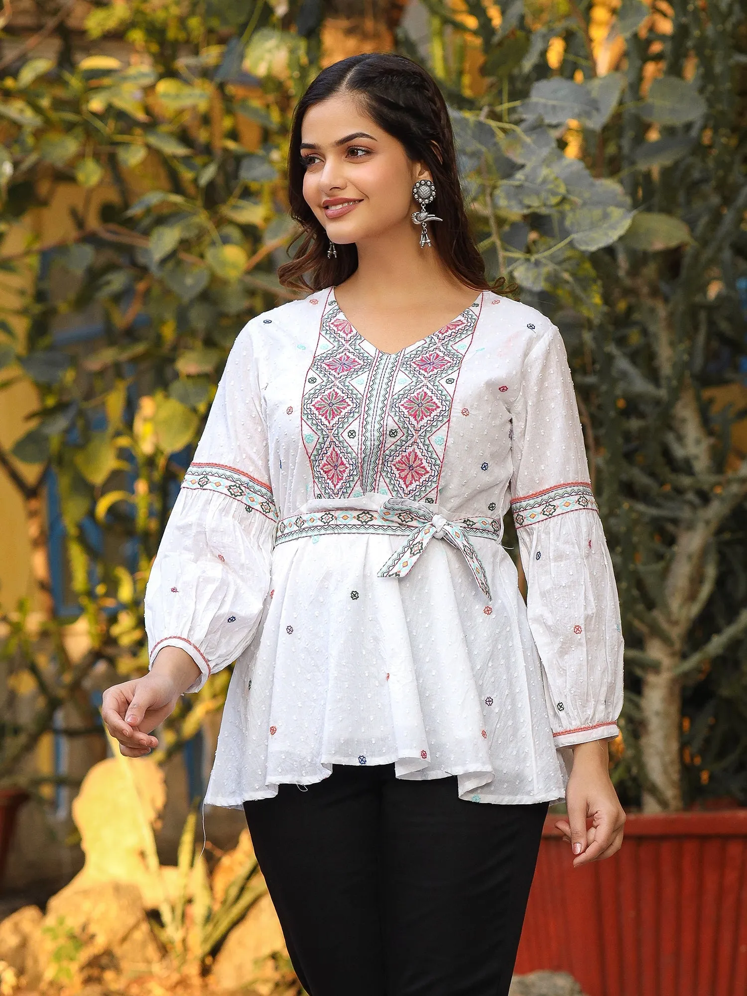 Jashvi White Cotton Dobby Peplum Tunic With Multi Colored Thread Embroidery