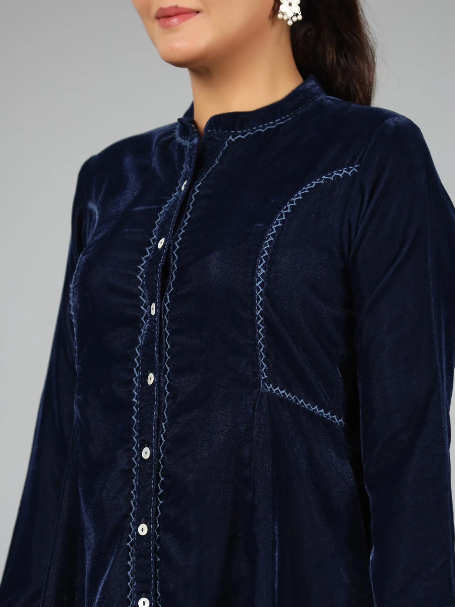 Jashvi Women Blue Velvet Solid A-Line Tunic