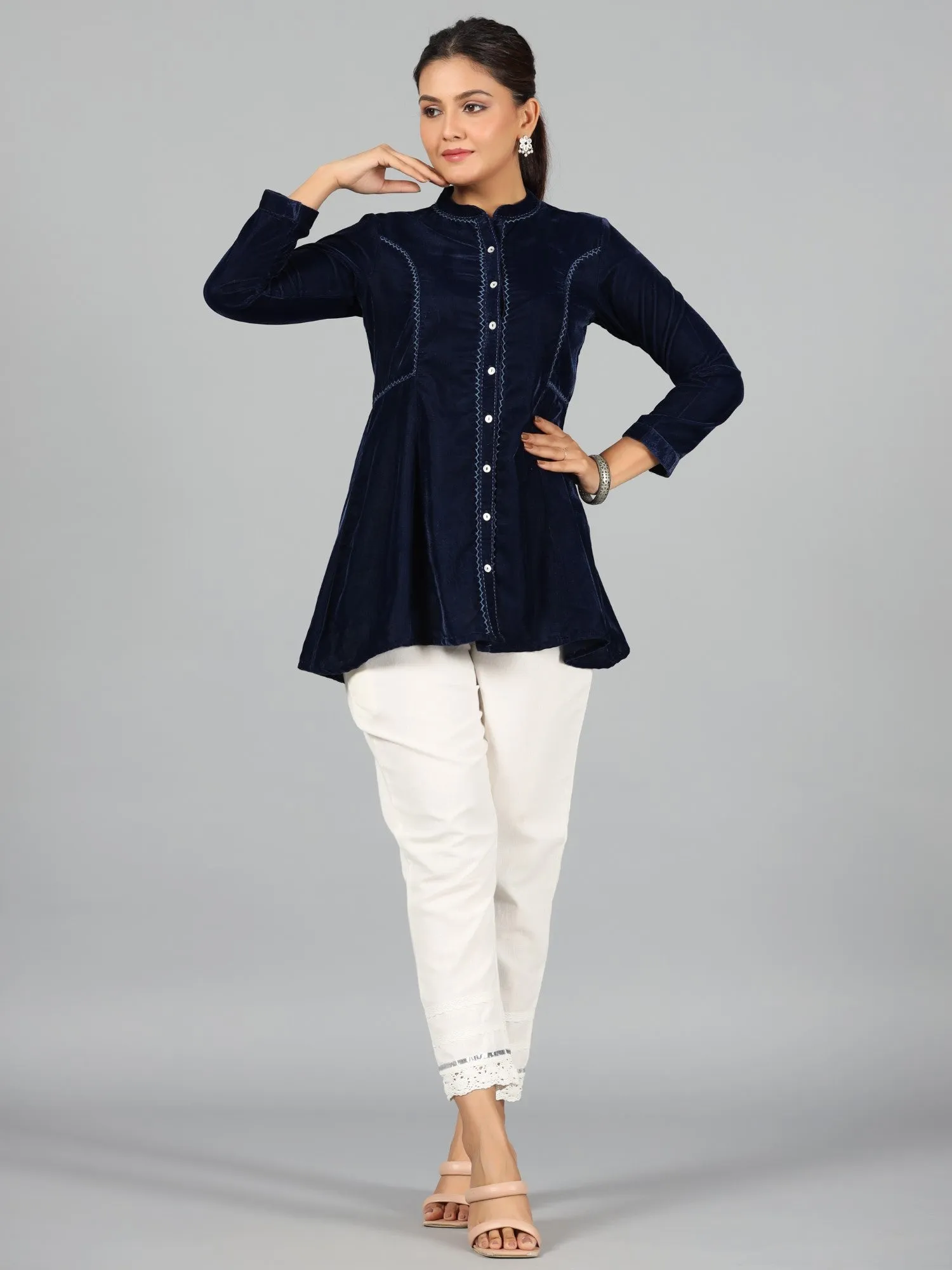 Jashvi Women Blue Velvet Solid A-Line Tunic