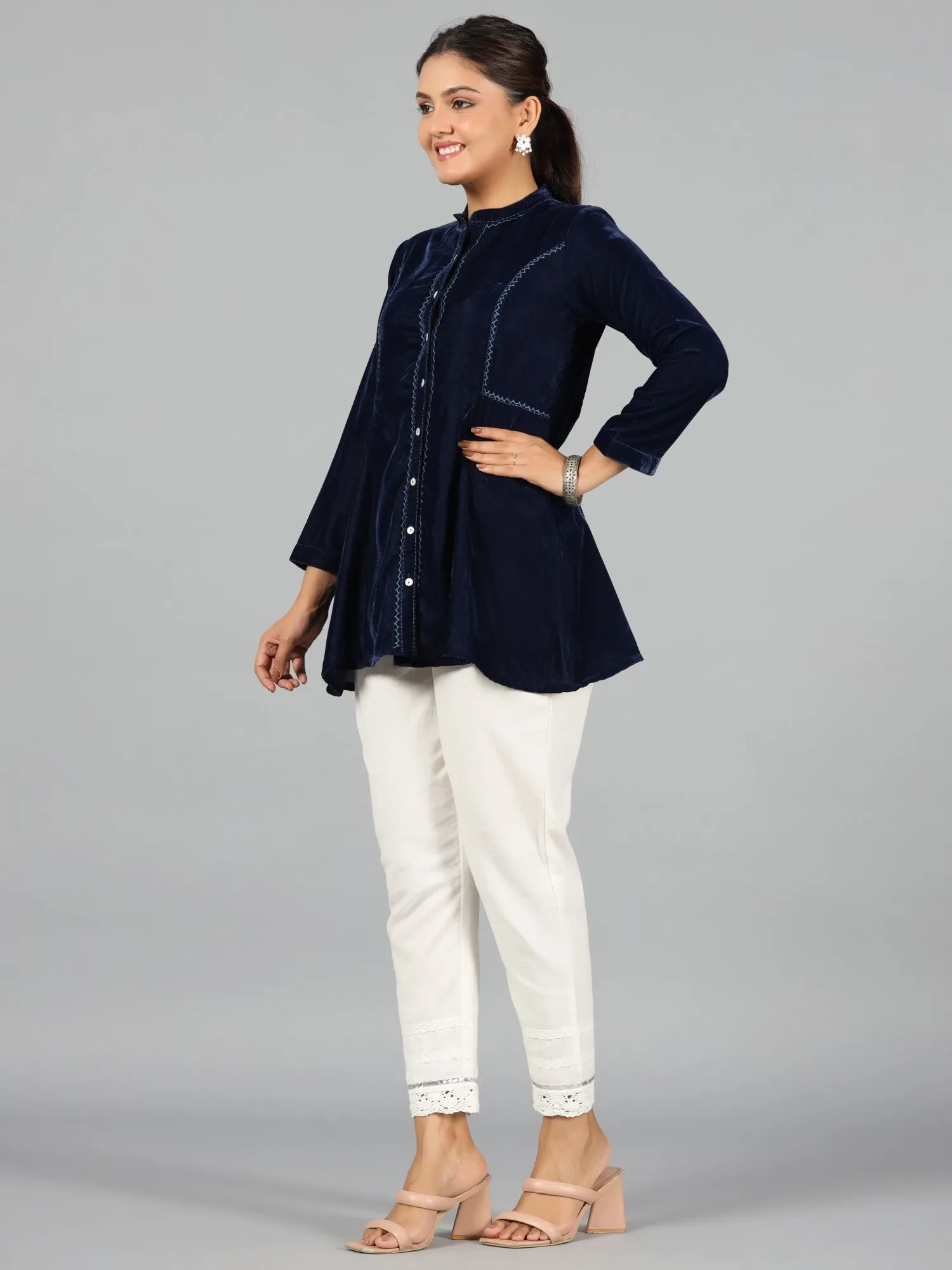 Jashvi Women Blue Velvet Solid A-Line Tunic