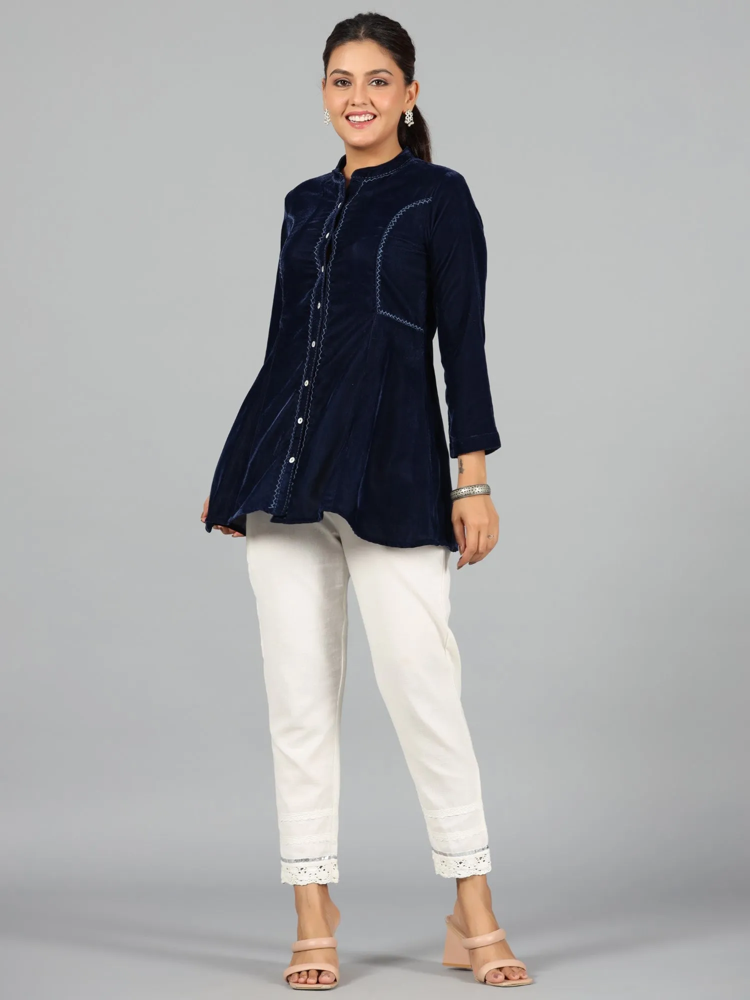 Jashvi Women Blue Velvet Solid A-Line Tunic