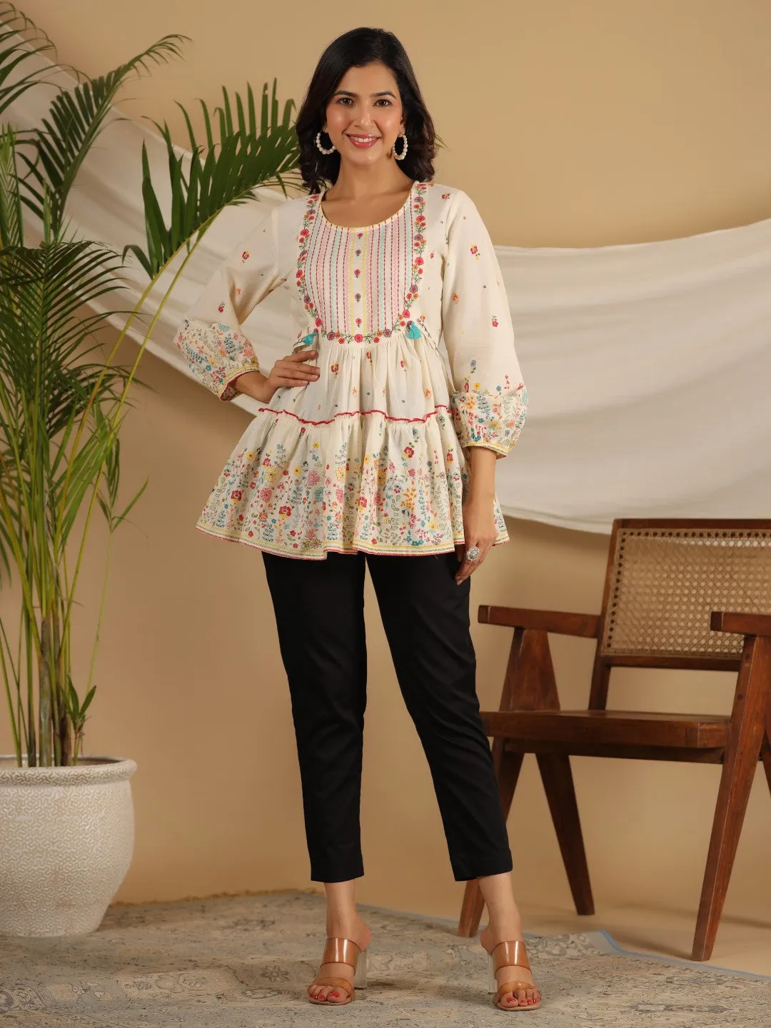 Jashvi Women Off-White Floral Printed Cotton Peplum Tunic With Thread Embroidery