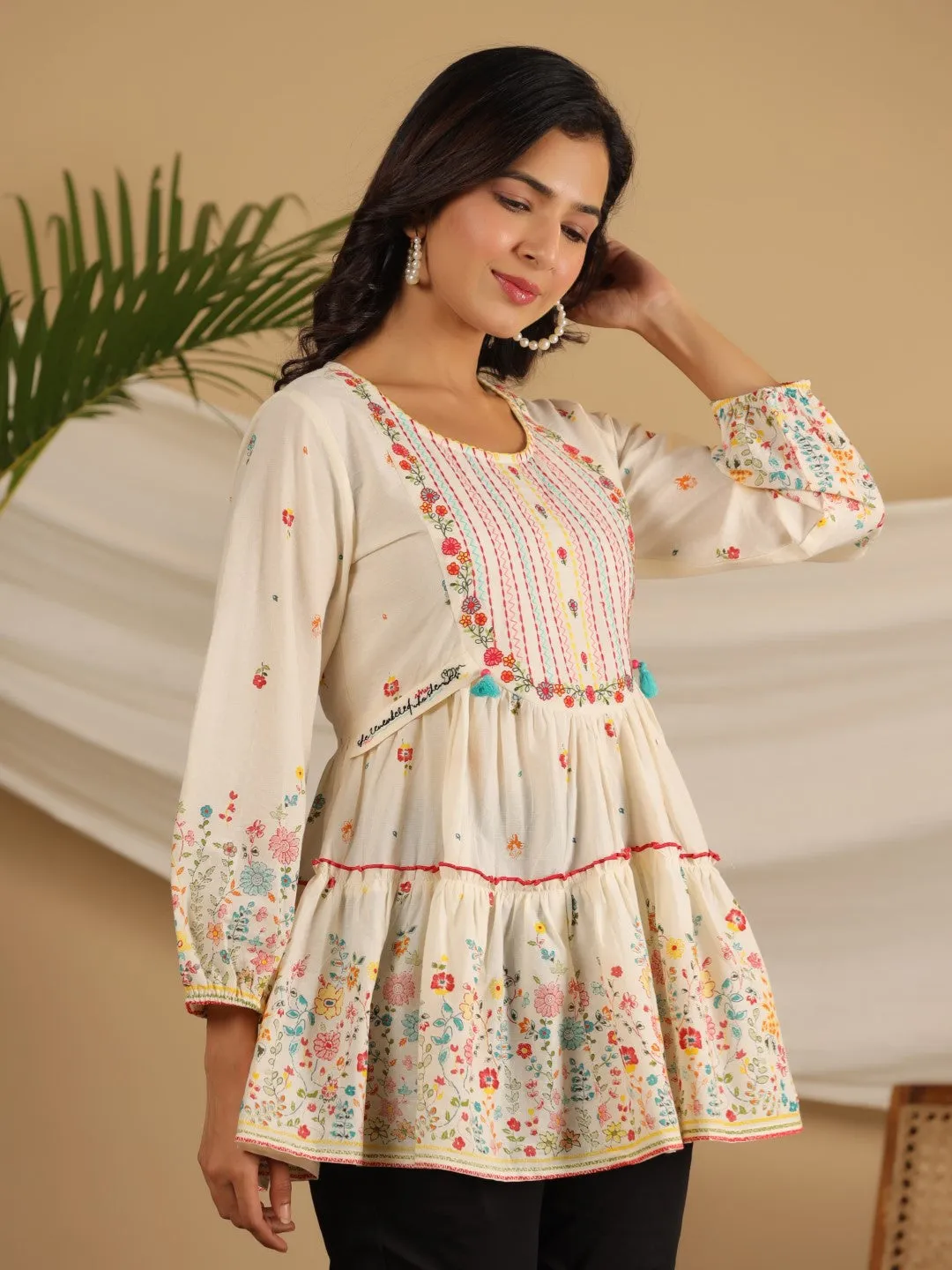 Jashvi Women Off-White Floral Printed Cotton Peplum Tunic With Thread Embroidery