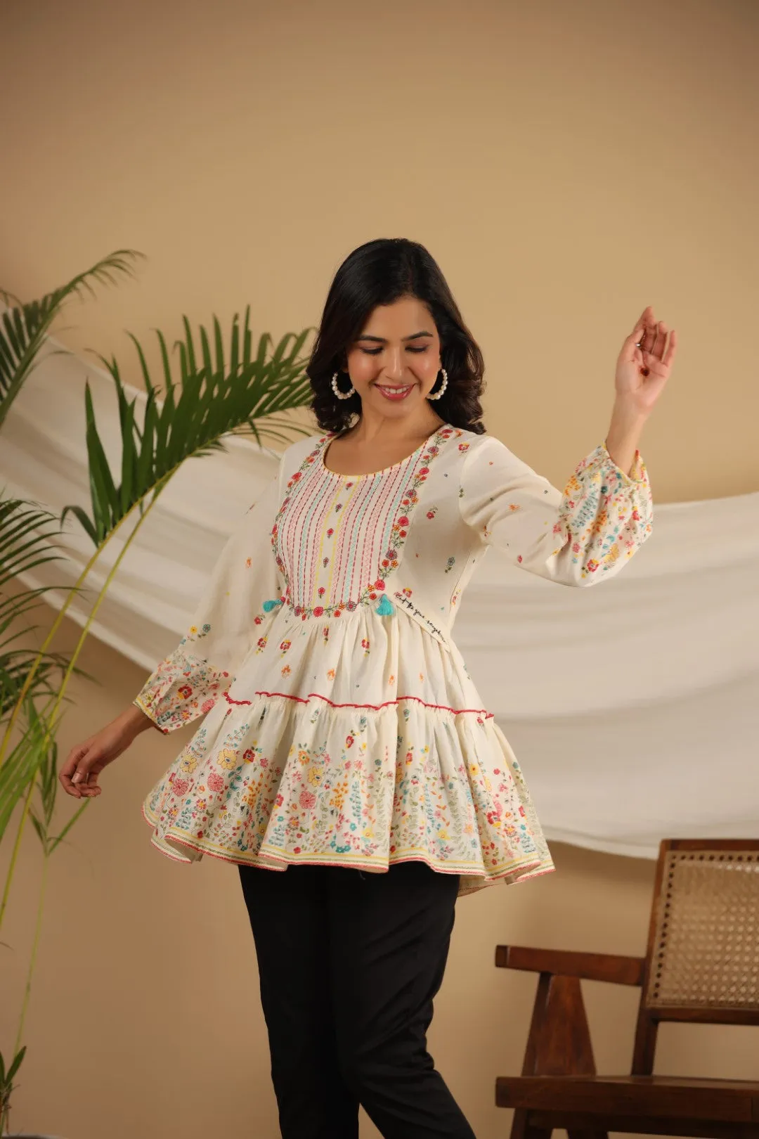 Jashvi Women Off-White Floral Printed Cotton Peplum Tunic With Thread Embroidery