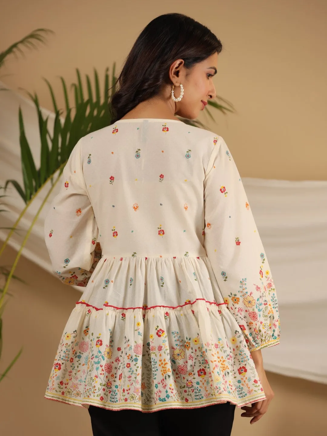 Jashvi Women Off-White Floral Printed Cotton Peplum Tunic With Thread Embroidery