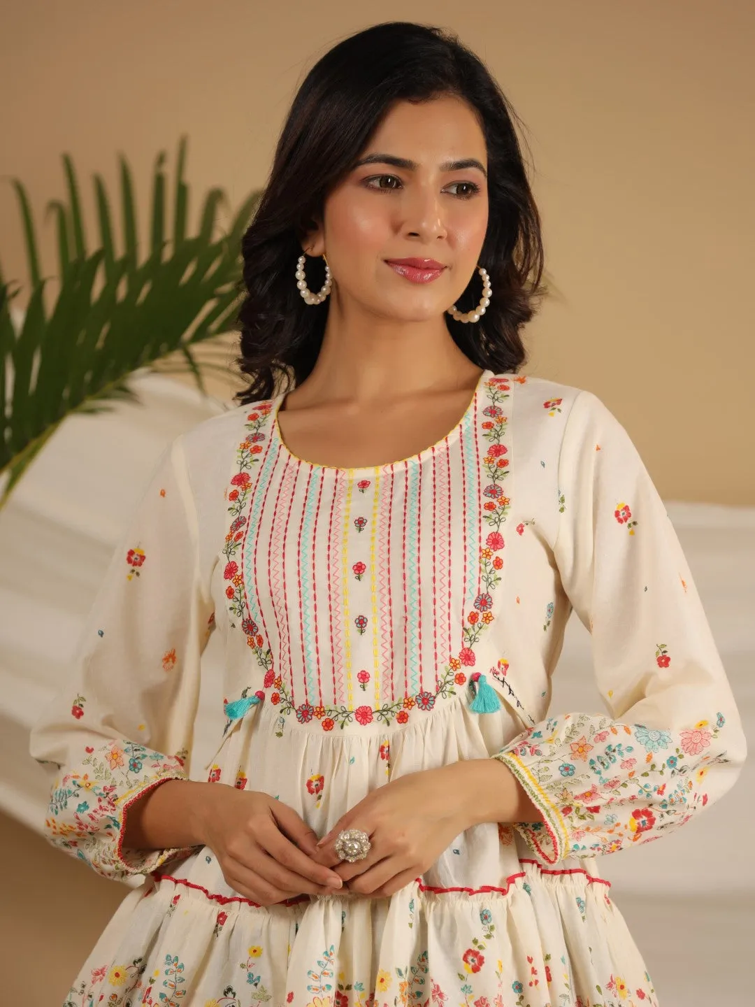 Jashvi Women Off-White Floral Printed Cotton Peplum Tunic With Thread Embroidery